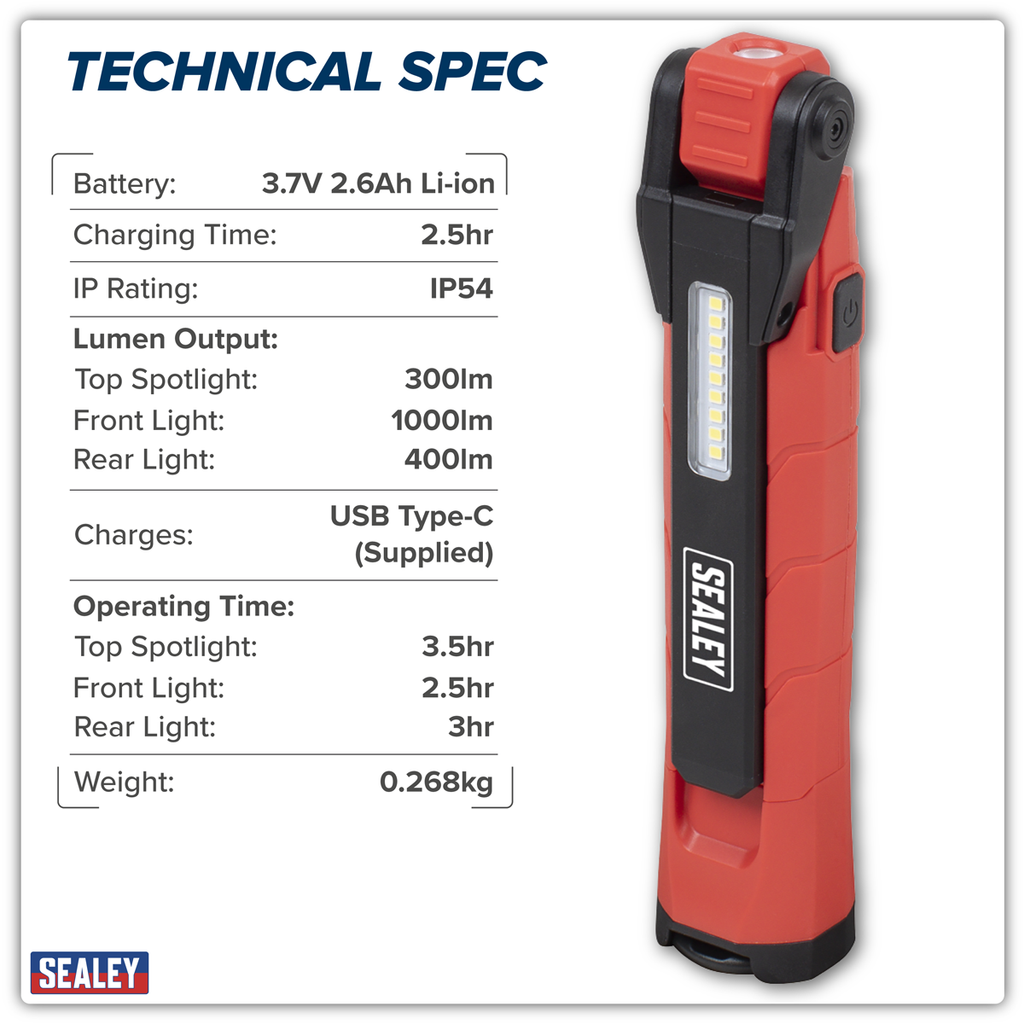 Sealey Rechargeable 360° Inspection Light 10W & 2 x 4W SMD LED - Red LED3605R - BostonPlates Autocare Centre