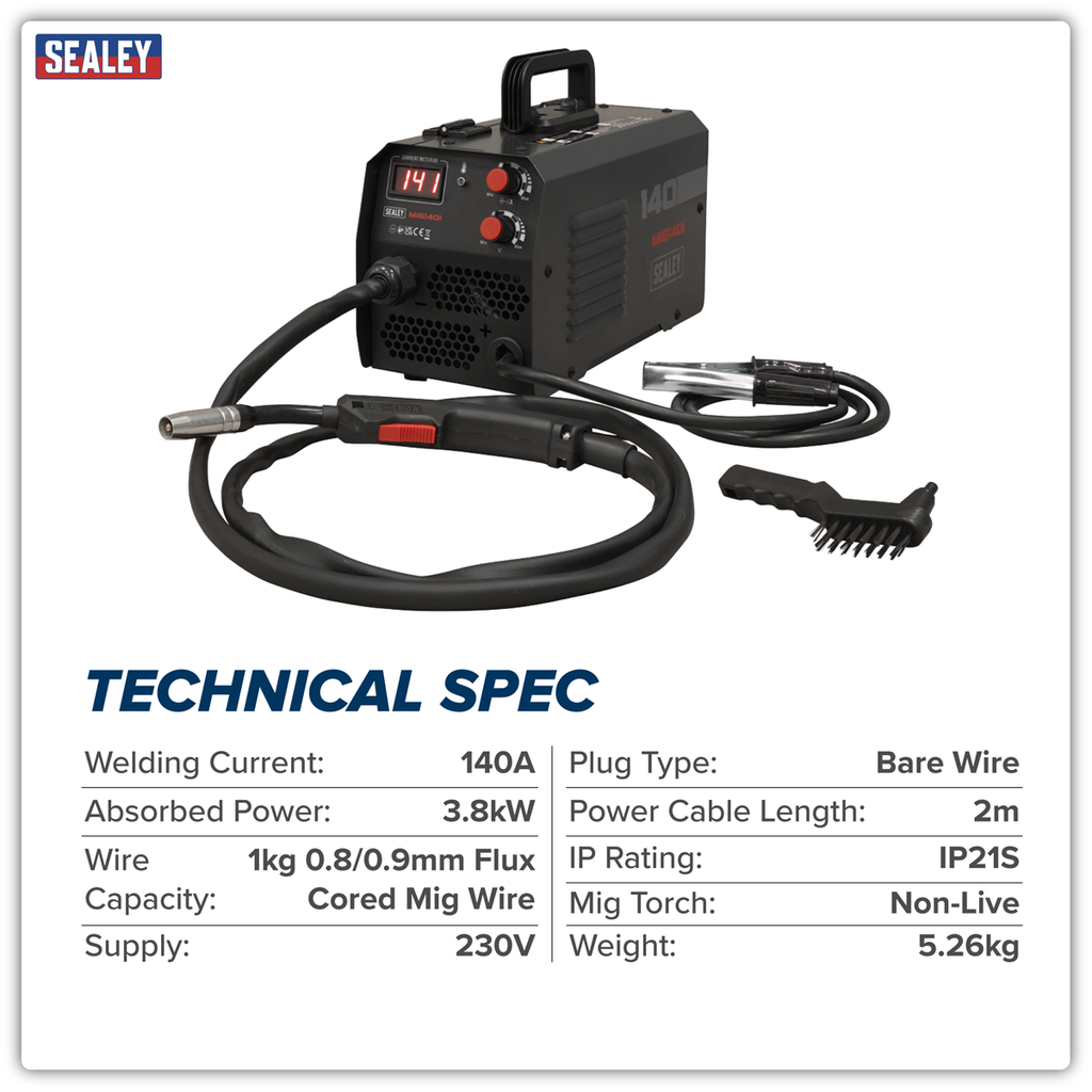 Sealey Flux Cored Gasless MIG Inverter Welder 140A MIG140i