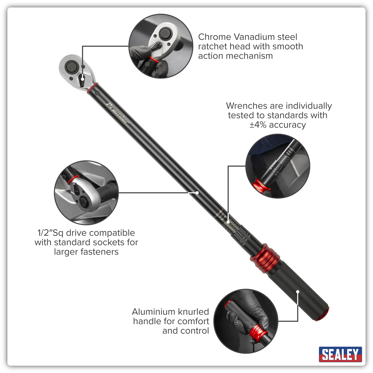 Sealey Premier Black Torque Wrench Set 1/2"Sq Drive 60-330Nm 8pc STW915B