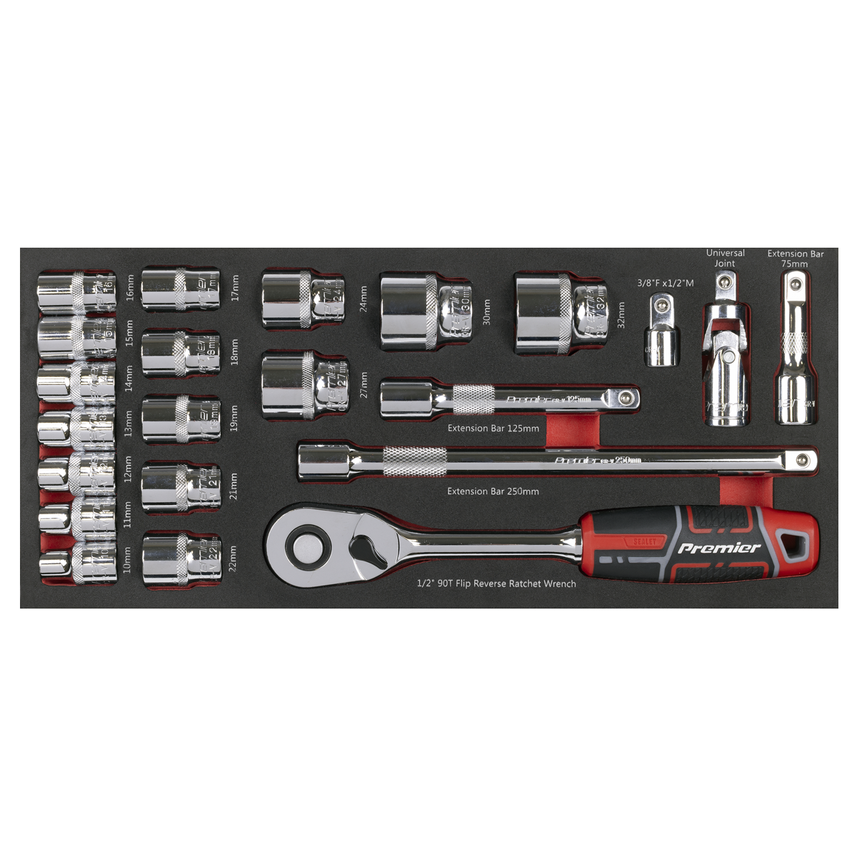 Sealey Premier Socket Set with Tool Tray 1/2"Sq Drive 22pc TBT42