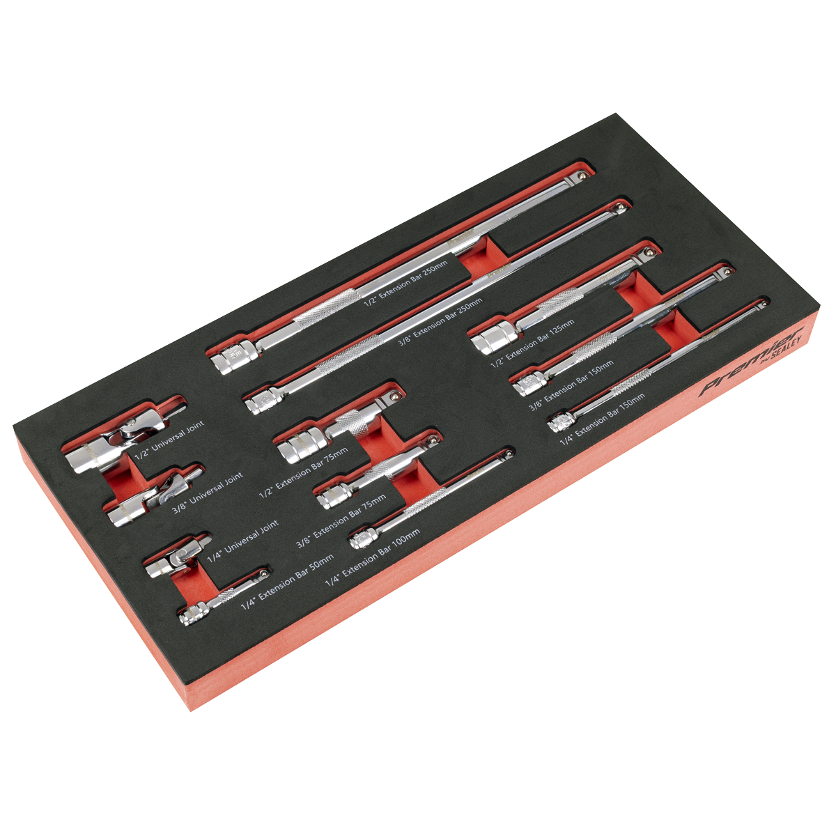 Sealey Premier Wobble Extension Bar Set with Tool Tray 1/4", 3/8" & 1/2"Sq Drive 12pc TBT44