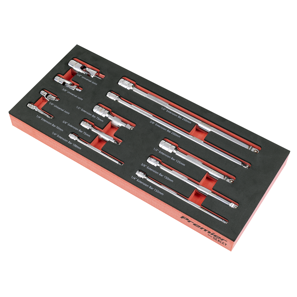 Sealey Premier Wobble Extension Bar Set with Tool Tray 1/4", 3/8" & 1/2"Sq Drive 12pc TBT44
