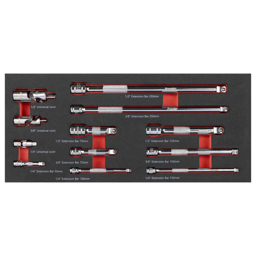 Sealey Premier Wobble Extension Bar Set with Tool Tray 1/4", 3/8" & 1/2"Sq Drive 12pc TBT44