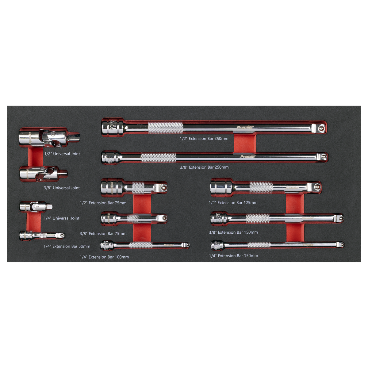 Sealey Premier Wobble Extension Bar Set with Tool Tray 1/4", 3/8" & 1/2"Sq Drive 12pc TBT44