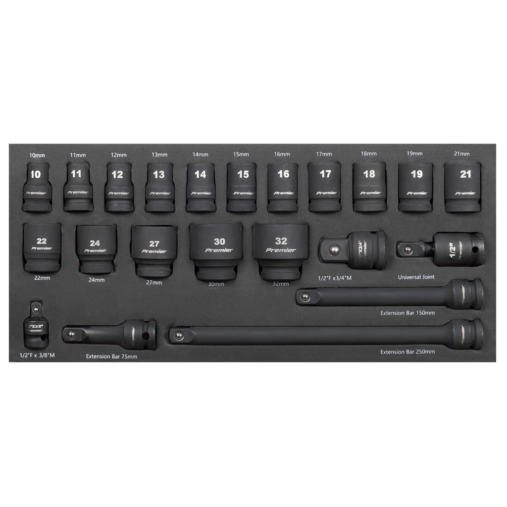 Sealey Premier Impact Socket Set with Tool Tray 1/2"Sq Drive 22pc TBT46