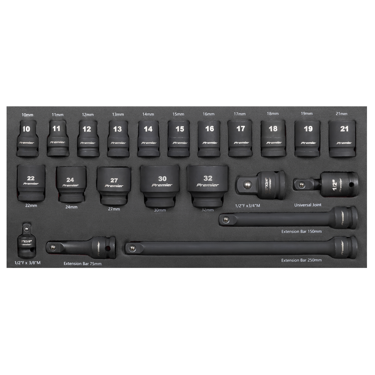Sealey Premier Impact Socket Set with Tool Tray 1/2"Sq Drive 22pc TBT46