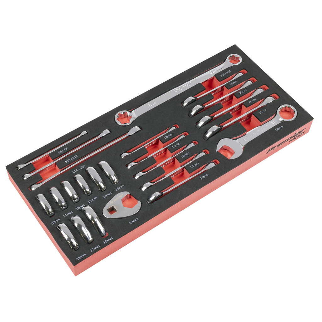 Sealey Premier Stubby Combination, TRX-Star* & Crow's Foot Spanner Set with Tool Tray 24pc TBT50