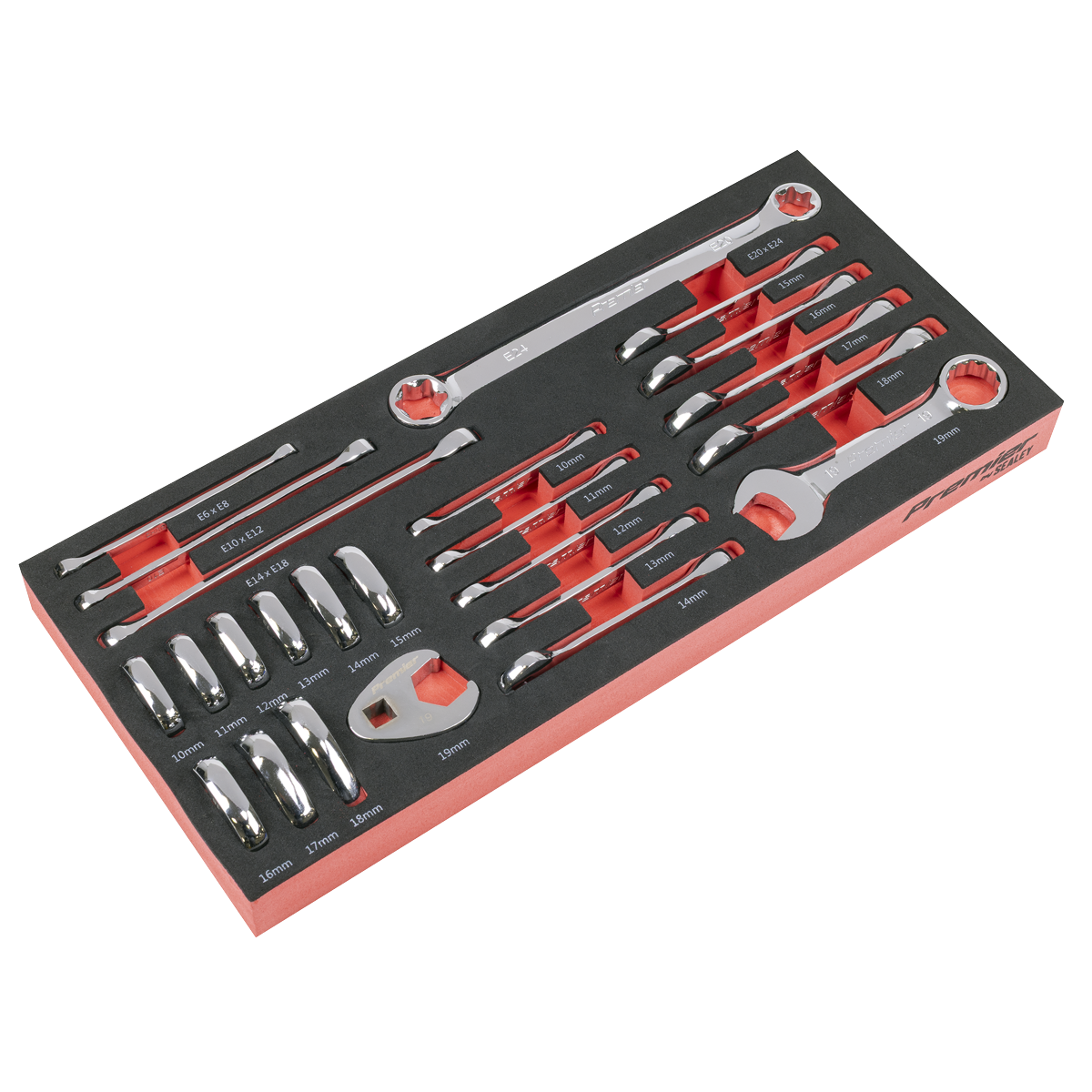 Sealey Premier Stubby Combination, TRX-Star* & Crow's Foot Spanner Set with Tool Tray 24pc TBT50