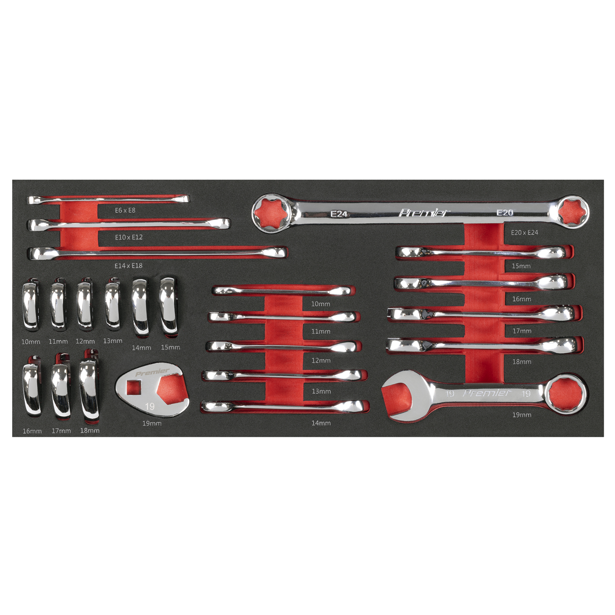 Sealey Premier Stubby Combination, TRX-Star* & Crow's Foot Spanner Set with Tool Tray 24pc TBT50