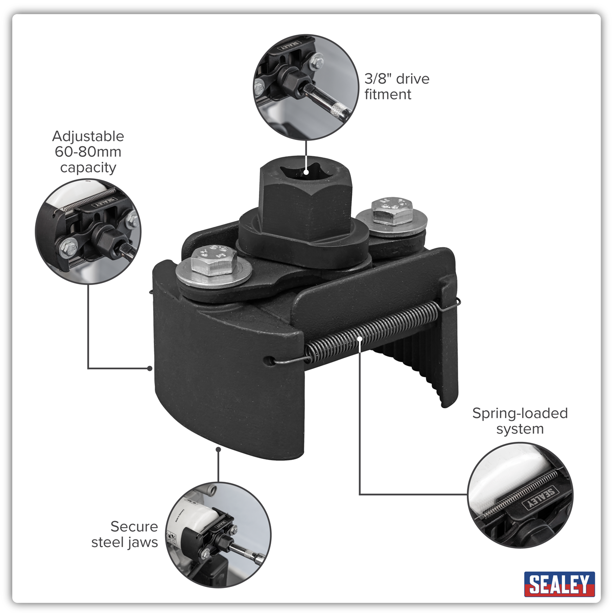 Sealey Adjustable Oil Filter Wrench 3/8"Sq Drive 60-80mm Capacity VS6080 - BostonPlates Autocare Centre