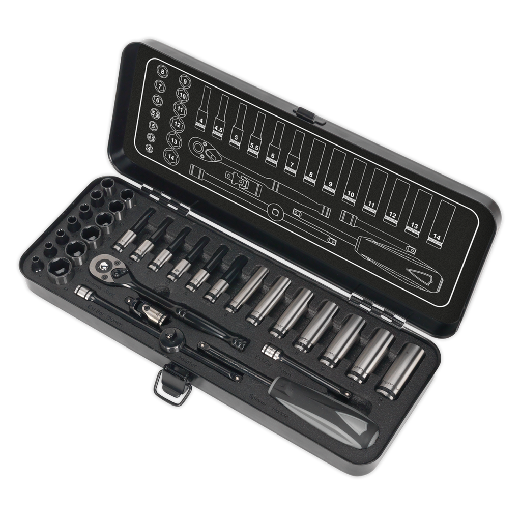 Sealey Premier Black Socket Set 1/4"Sq Drive 32pc AK7970 - BostonPlates Autocare Centre