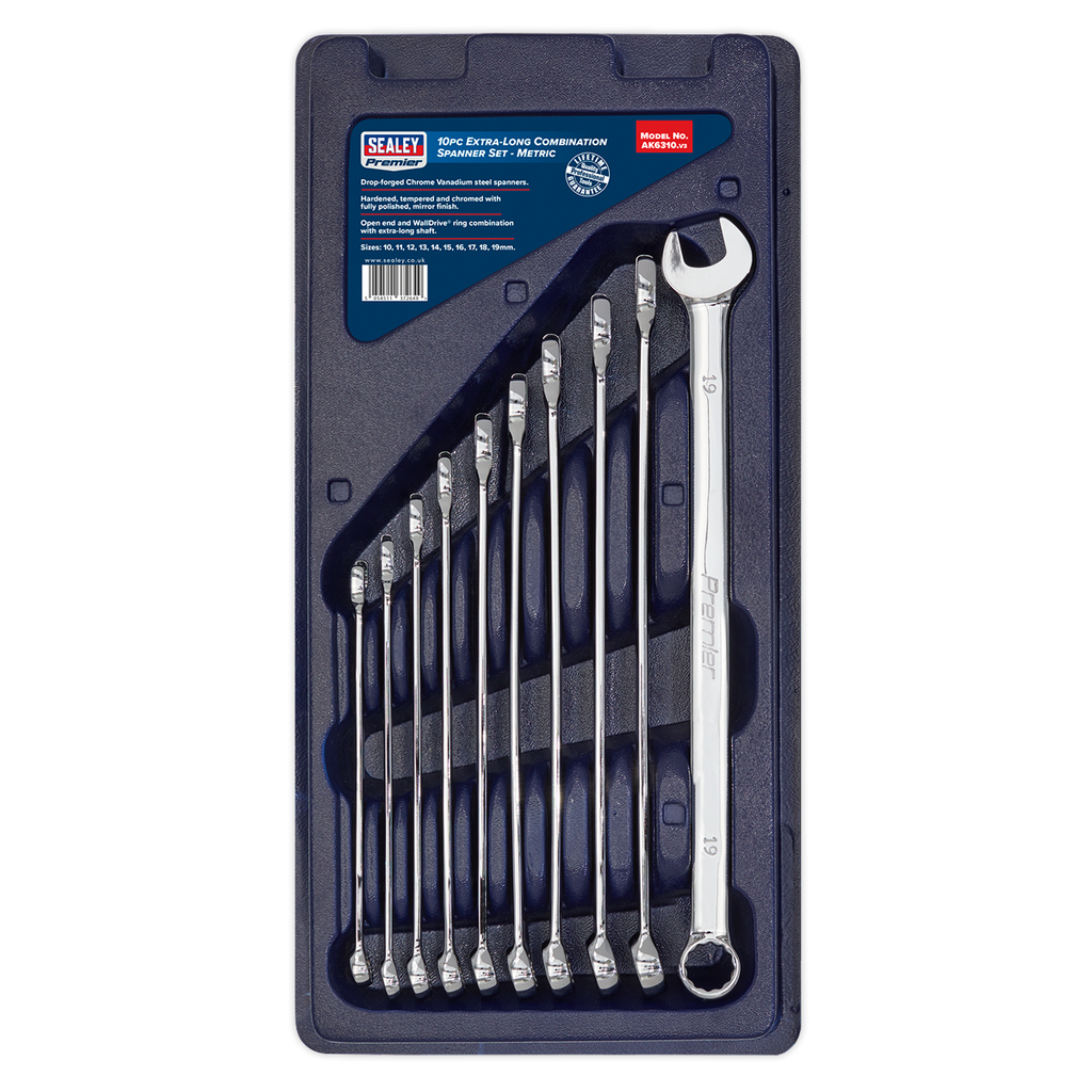 Sealey Premier Extra-Long Combination Spanner Set 10pc AK6310 - BostonPlates Autocare Centre