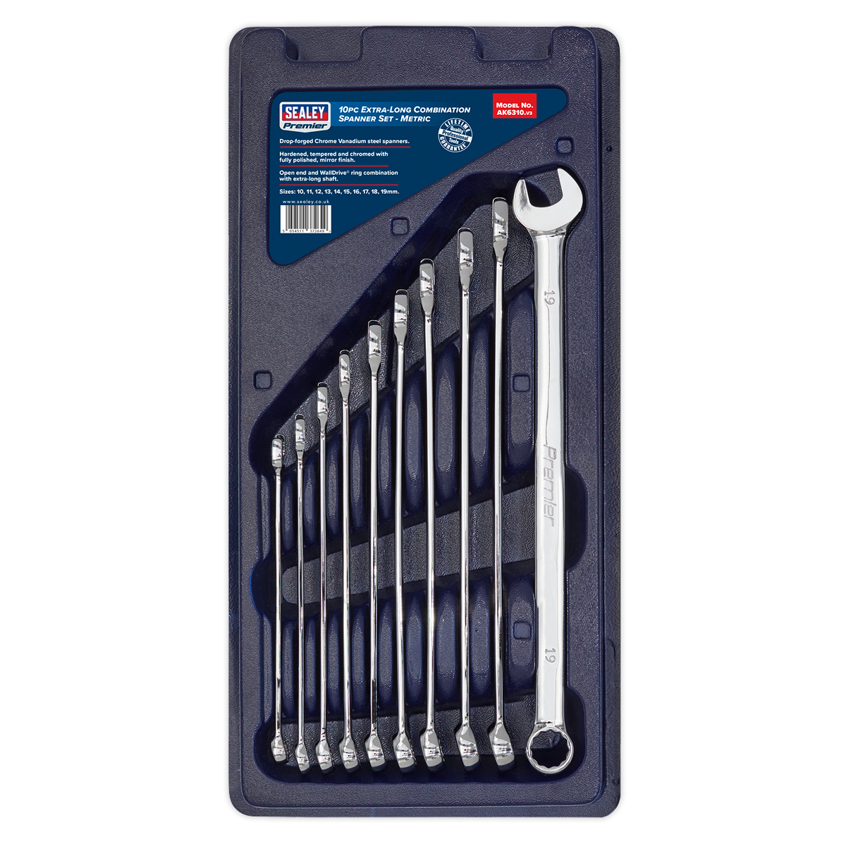 Sealey Premier Extra-Long Combination Spanner Set 10pc AK6310 - BostonPlates Autocare Centre