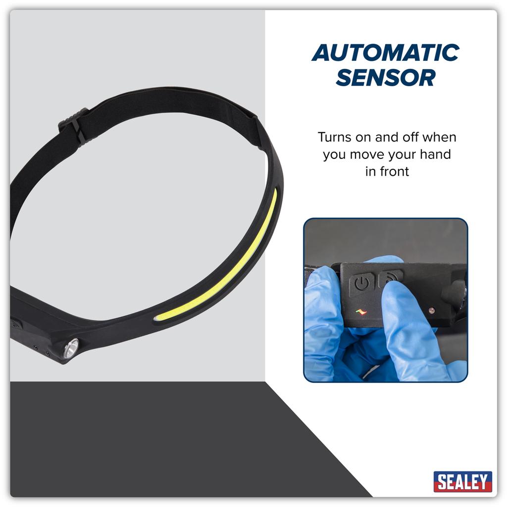 Sealey Rechargeable Head Torch with Auto-Sensor 5W COB & 3W LED HT104R - BostonPlates Autocare Centre