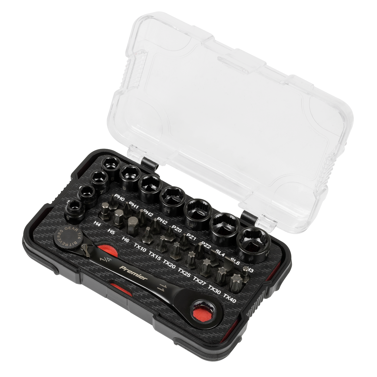 Sealey Premier Black Go-Through Lock-On™ Low Profile Socket & Bit 1/4"Sq 31pc AK2112 - BostonPlates Autocare Centre