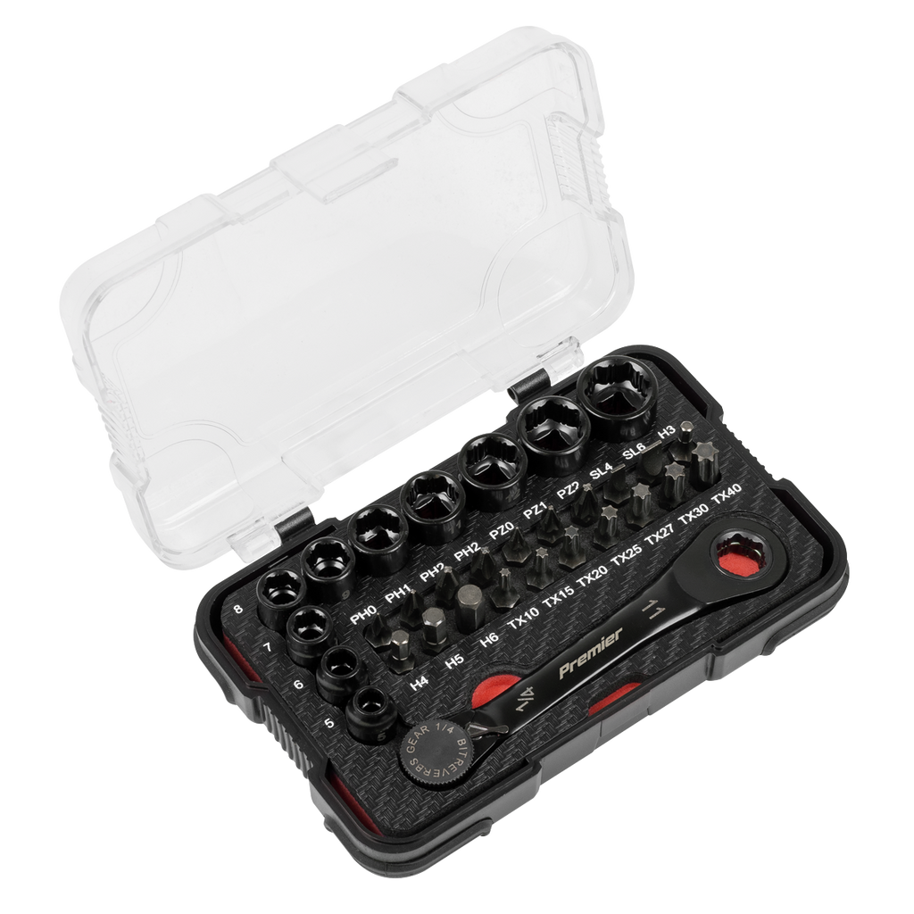 Sealey Premier Black Go-Through Lock-On™ Low Profile Socket & Bit 1/4"Sq 31pc AK2112 - BostonPlates Autocare Centre
