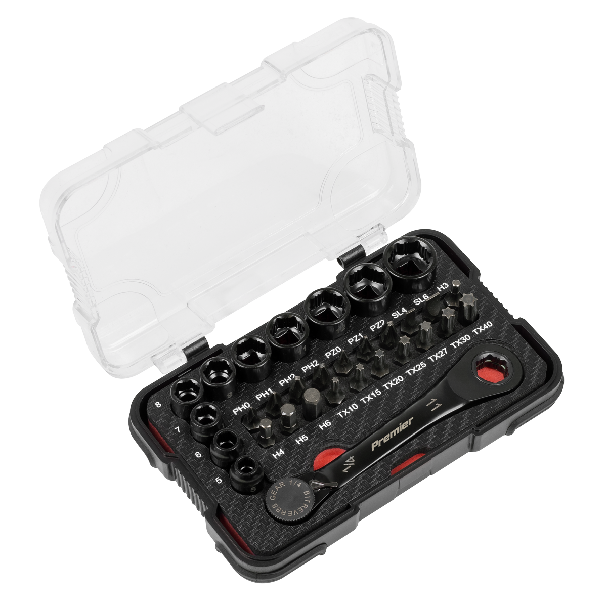 Sealey Premier Black Go-Through Lock-On™ Low Profile Socket & Bit 1/4"Sq 31pc AK2112 - BostonPlates Autocare Centre