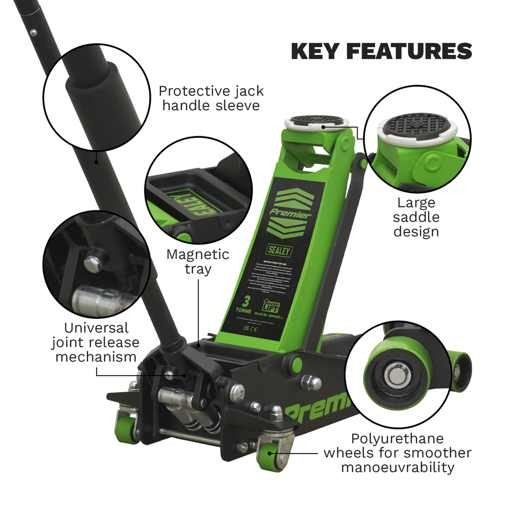 Premier Low Profile Trolley Jack with Rocket Lift 3 Tonne - Green 3040AG - BostonPlates Autocare Centre