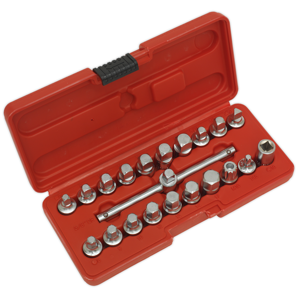 Sealey Oil Drain Plug Key Set 3/8"Sq Drive 21pc AK6586 - BostonPlates Autocare Centre