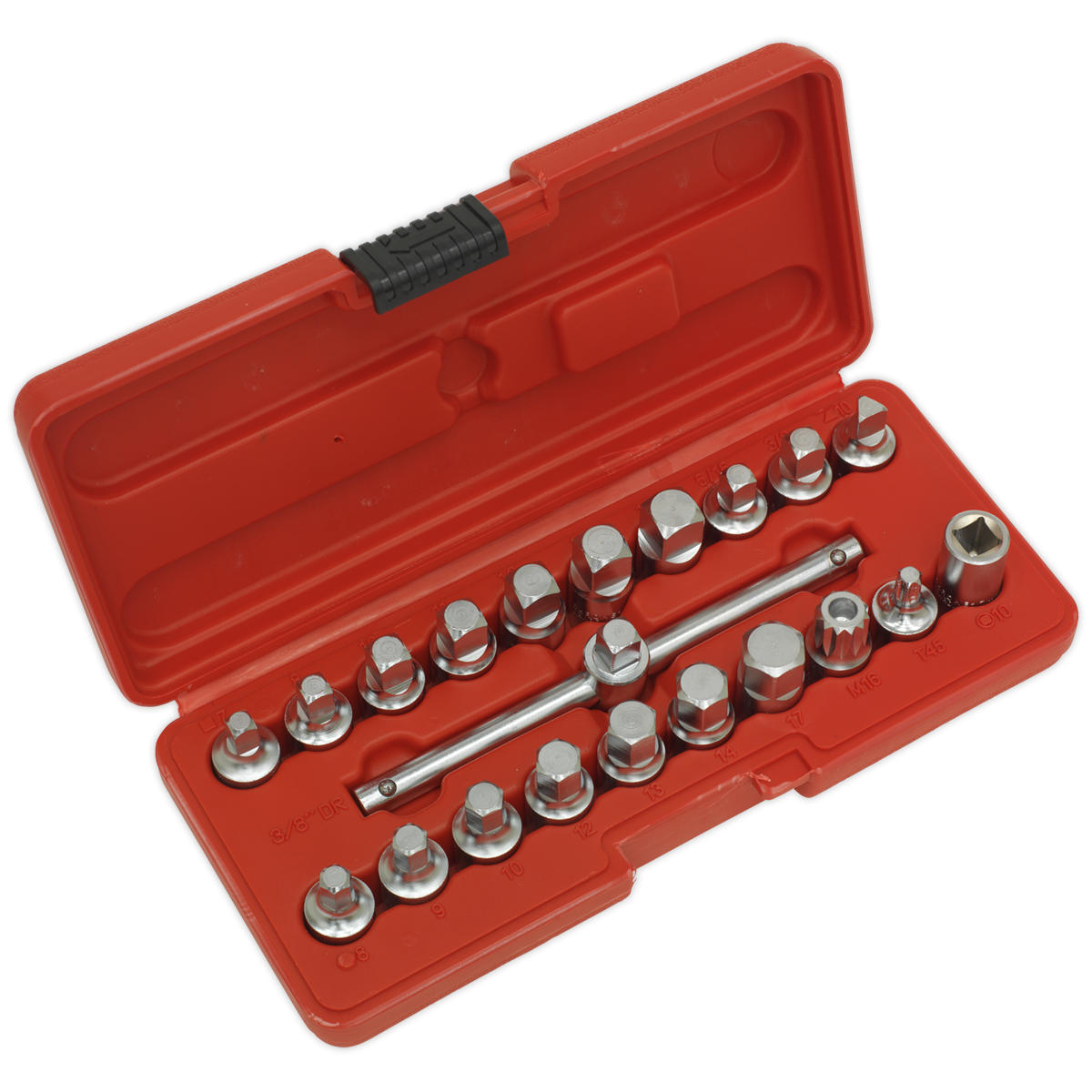 Sealey Oil Drain Plug Key Set 3/8"Sq Drive 21pc AK6586 - BostonPlates Autocare Centre