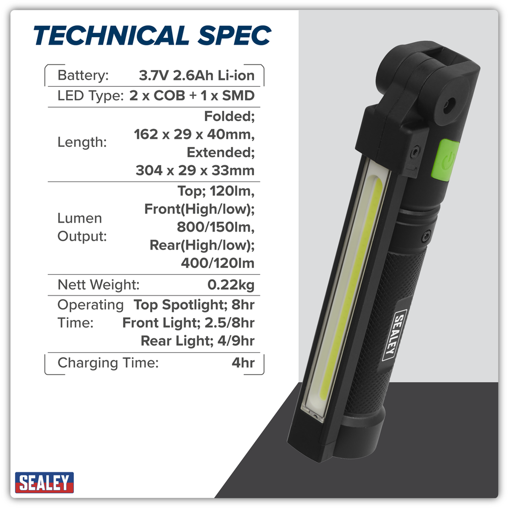 Sealey Rechargeable Aluminium Folding Pocket Light 2 COB & 1 SMD LED LED02G - BostonPlates Autocare Centre